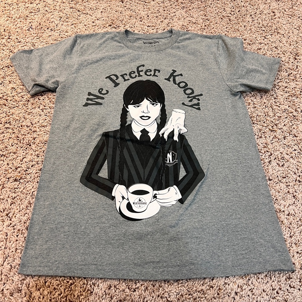 Wednesday Addams Shirt We Prefer Kooky Holding Coffee Nevermore Netflix Gray